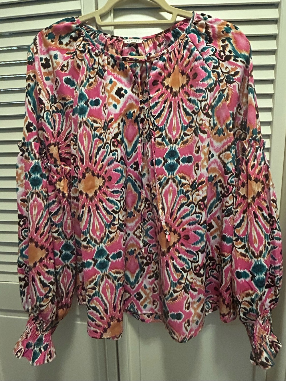 JODIFL Pink Multi-Color Floral Tie-Neck Blouse